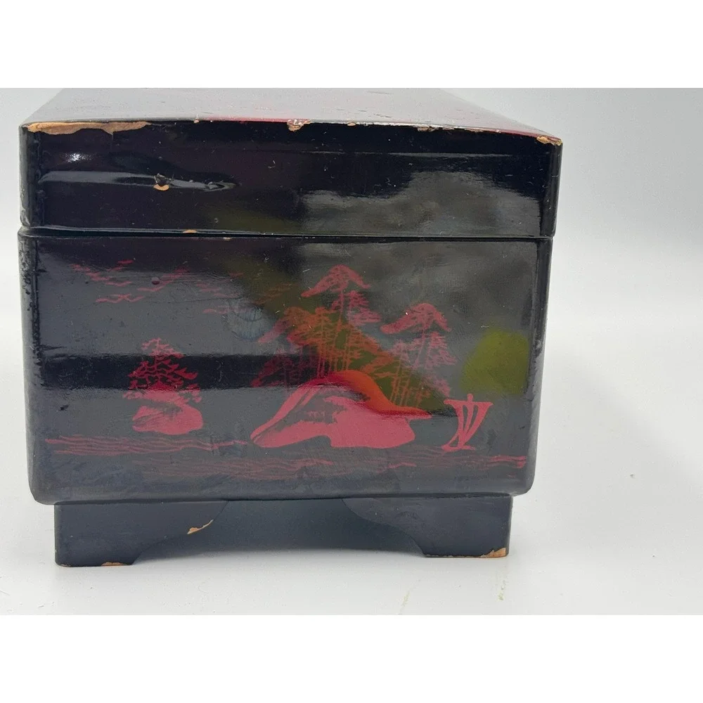 Vintage Japanese Black Red Lacquer Jewelry‎ & Music Box Mount Fuji Pagoda Footed